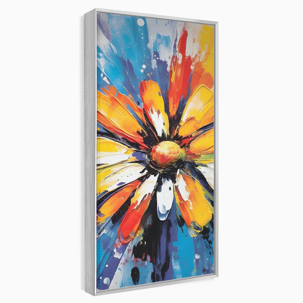 Tablou canvas cu pictura abstracta cu floare colorata, in rama de aluminiu argintiu