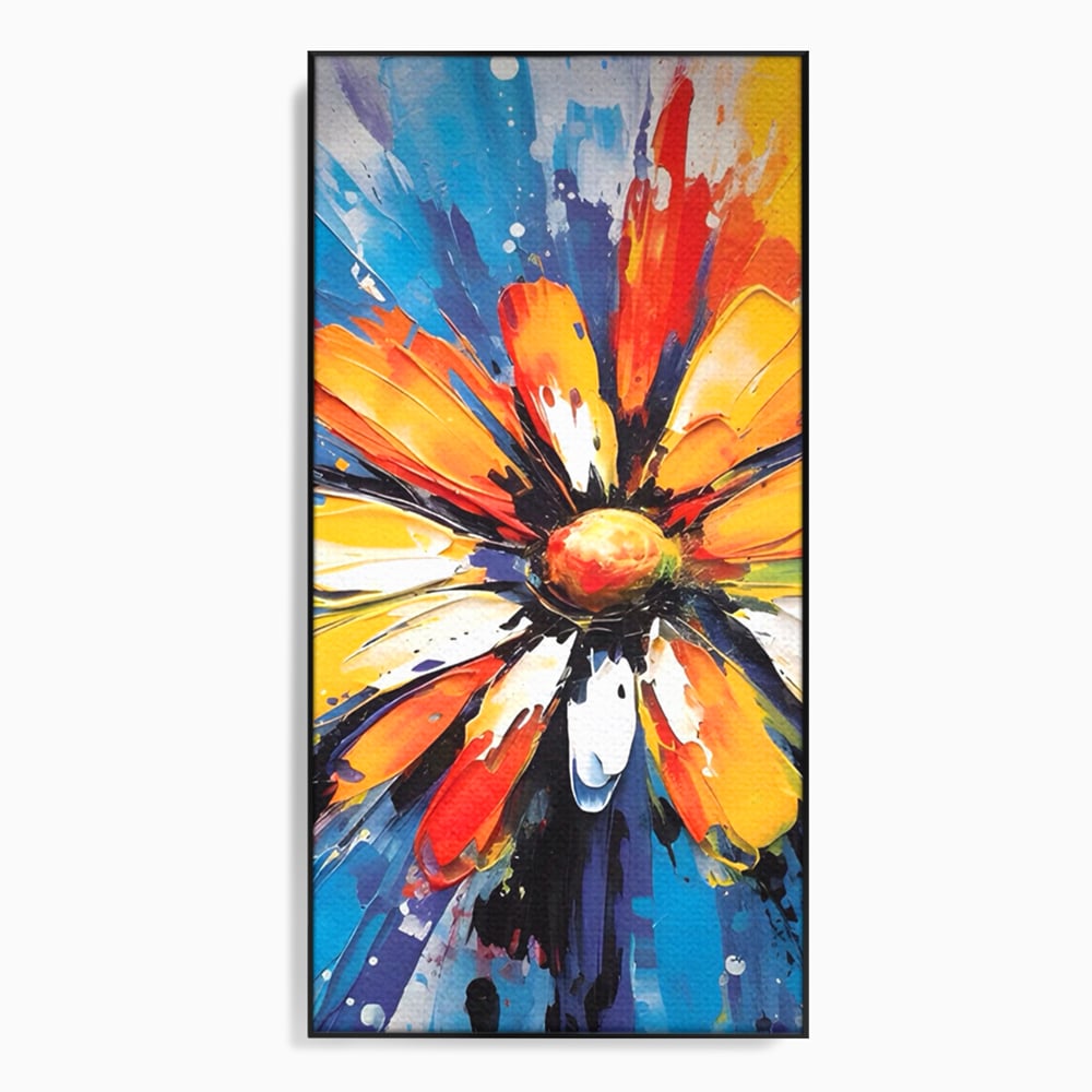 Tablou canvas cu pictura abstracta cu floare colorata, in rama de aluminiu negru