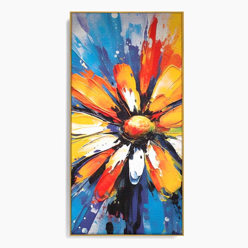 Tablou canvas cu pictura abstracta cu floare colorata, in rama de aluminiu auriu