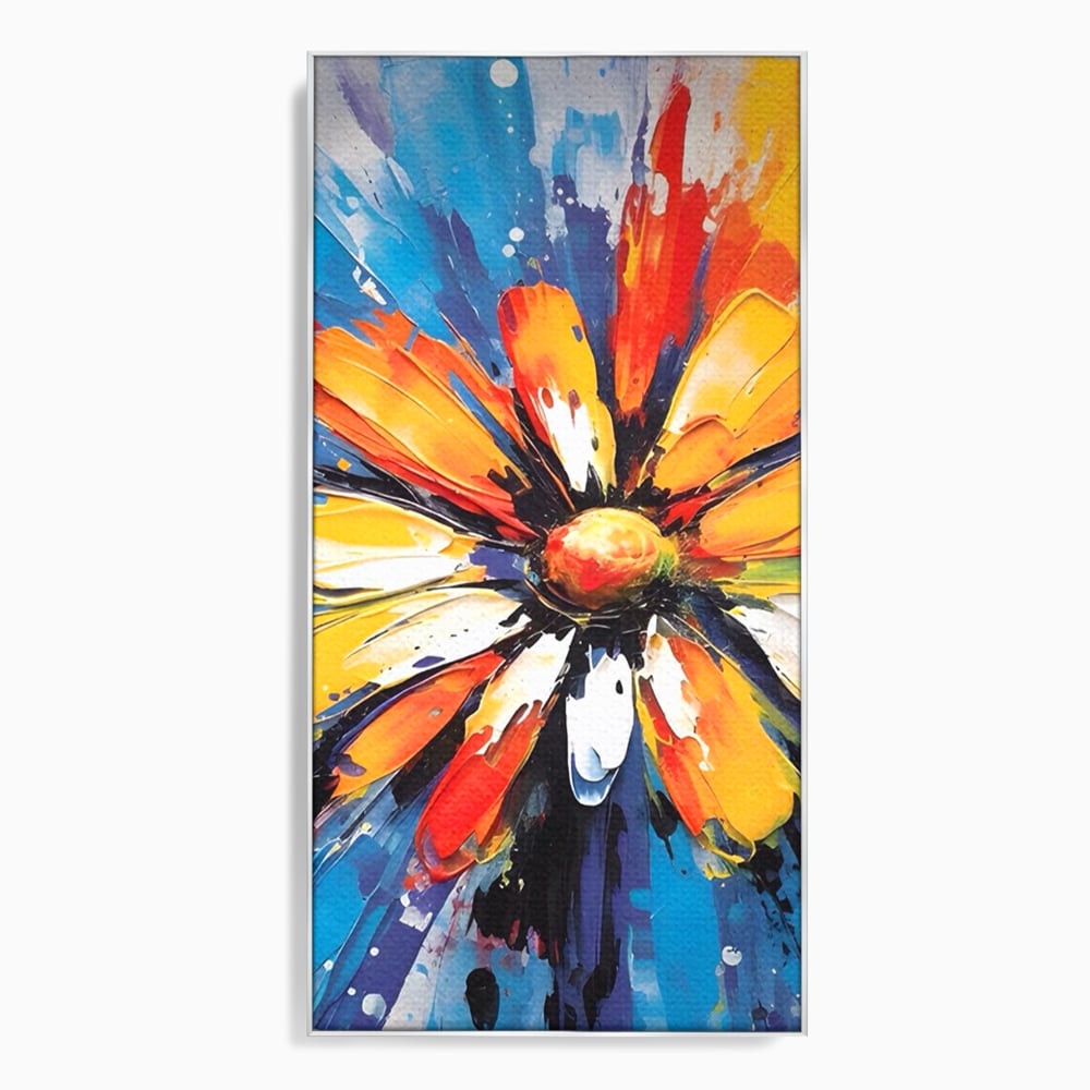 Tablou canvas cu pictura abstracta cu floare colorata, in rama de aluminiu argintiu