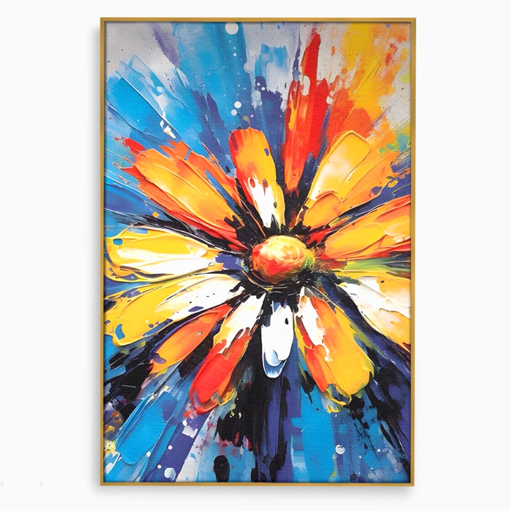 Tablou canvas cu pictura abstracta cu floare colorata, in rama de aluminiu auriu