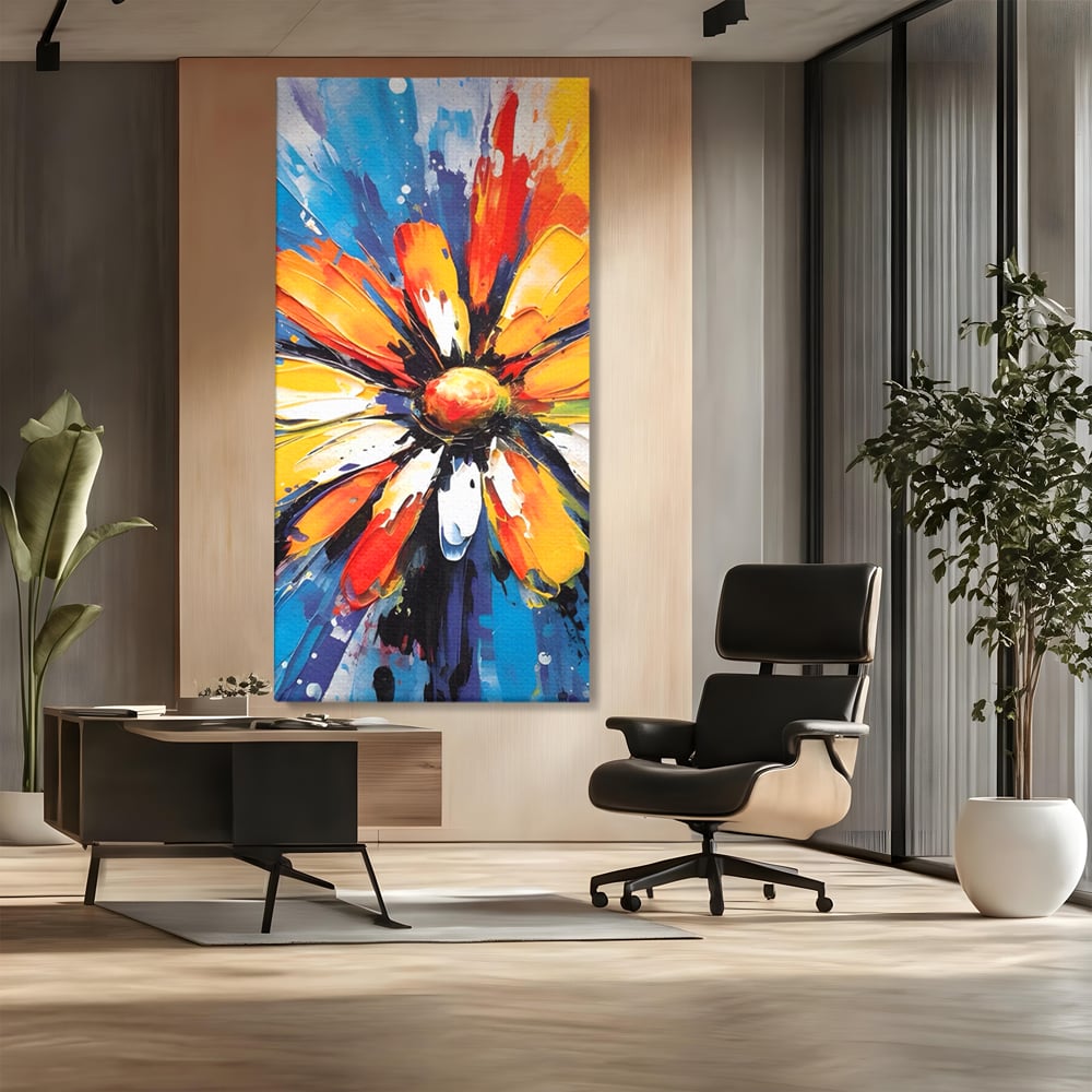 Tablou canvas cu pictura abstracta cu floare colorata, fara rama, pe sasiu de lemn, pe perete intr-un birou