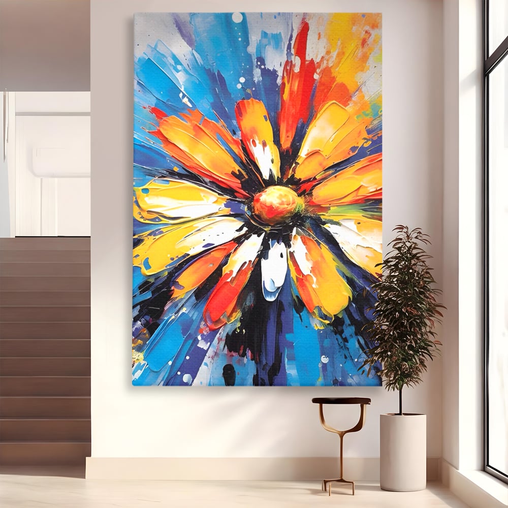 Tablou canvas cu pictura abstracta cu floare colorata, fara rama, pe sasiu de lemn