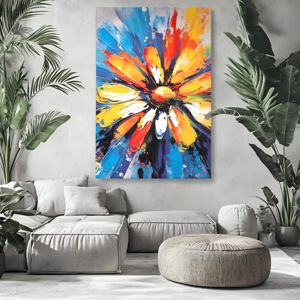 Tablou canvas cu pictura abstracta cu floare colorata, fara rama, pe sasiu de lemn, pe perete intr-un living