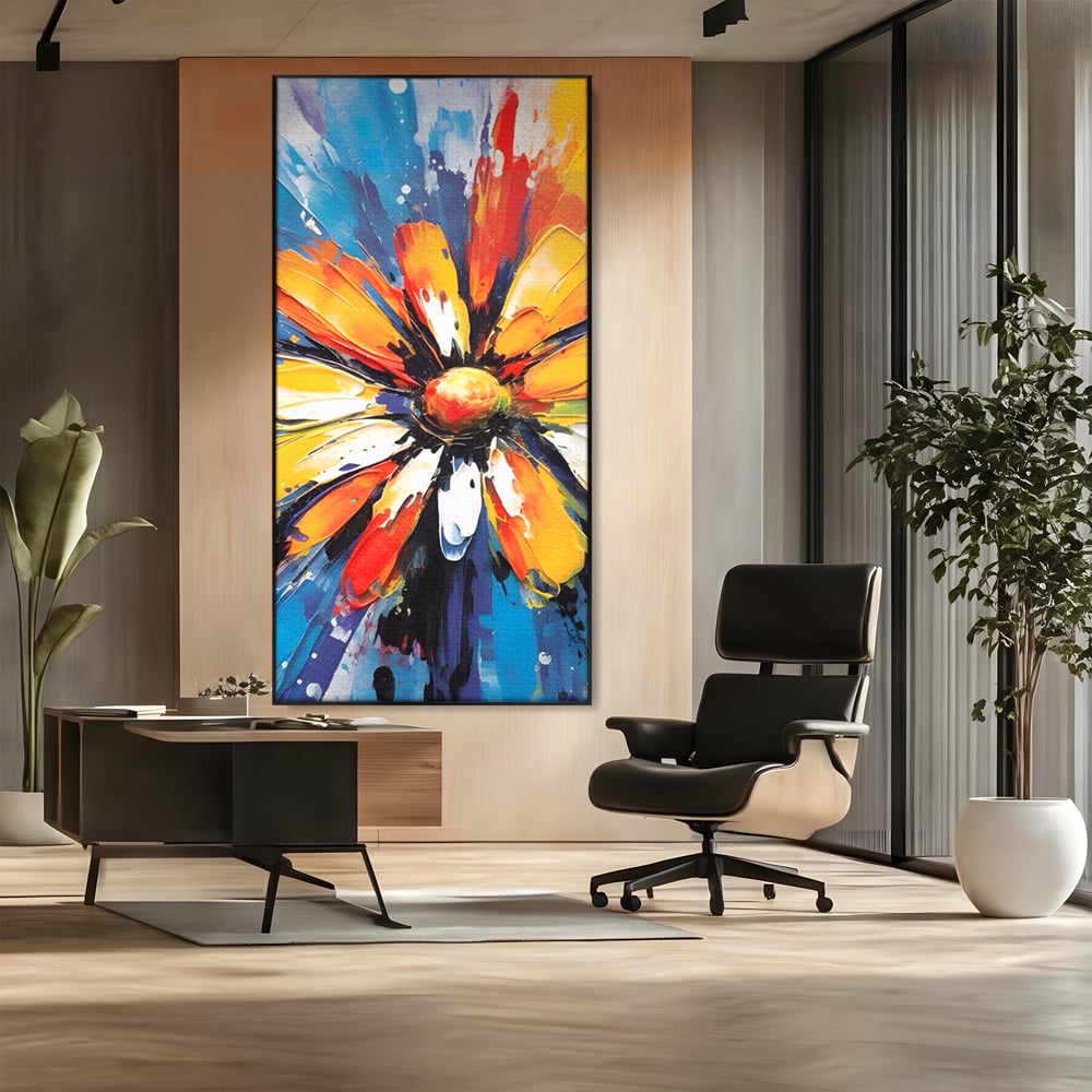 Tablou canvas cu pictura abstracta cu floare colorata, in rama de aluminiu negru, pe perete intr-un birou