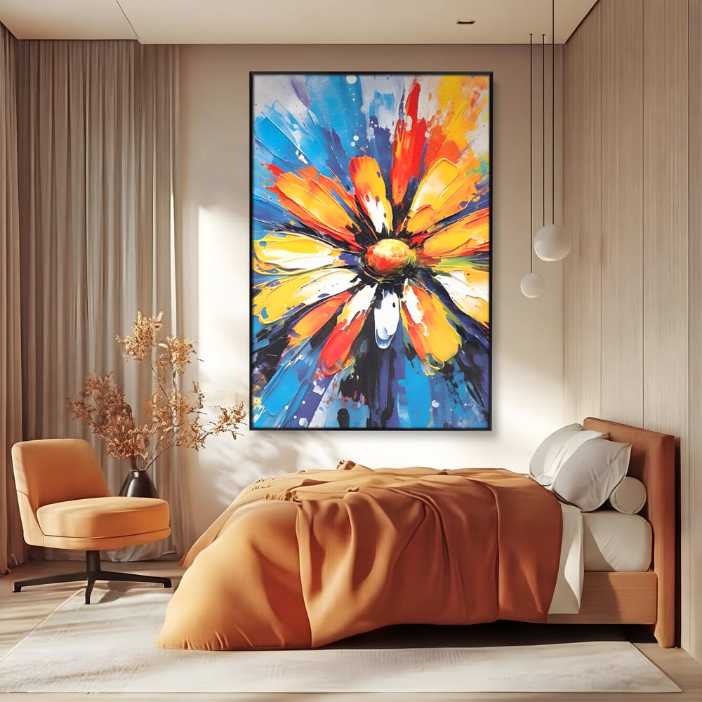 Tablou canvas cu pictura abstracta cu floare colorata, in rama de aluminiu negru, pe perete intr-un dormitor