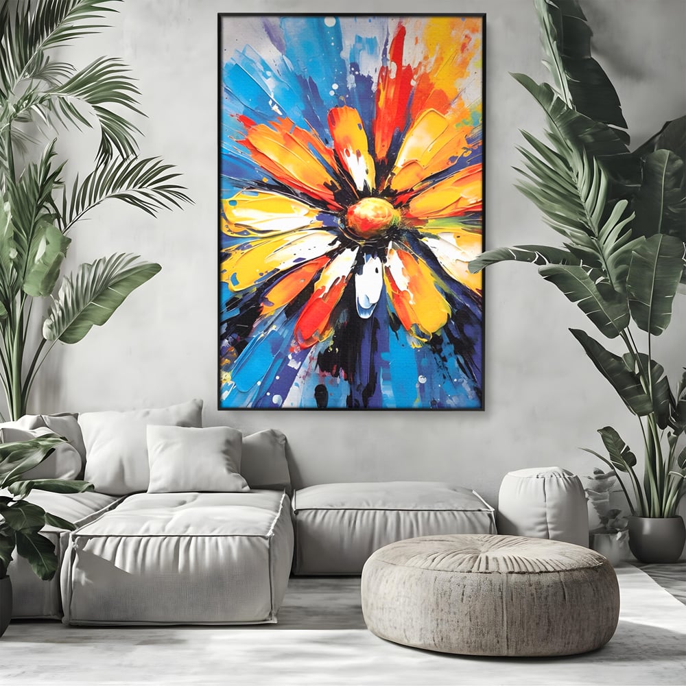 Tablou canvas cu pictura abstracta cu floare colorata, in rama de aluminiu negru, pe perete intr-un living