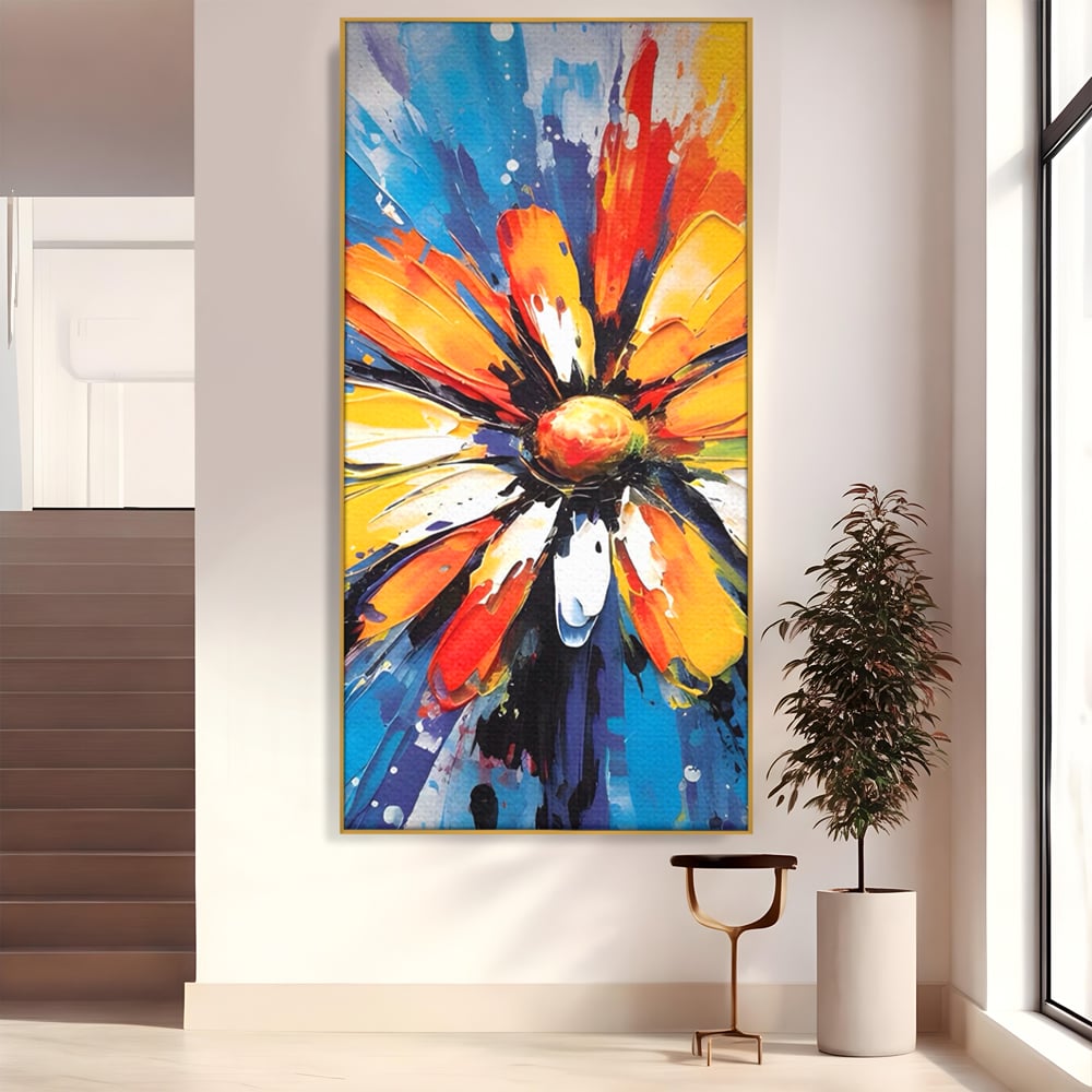 Tablou canvas cu pictura abstracta cu floare colorata, in rama de aluminiu auriu