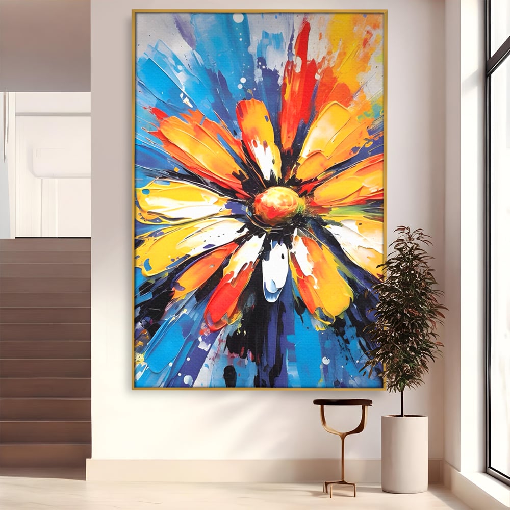 Tablou canvas cu pictura abstracta cu floare colorata, in rama de aluminiu auriu