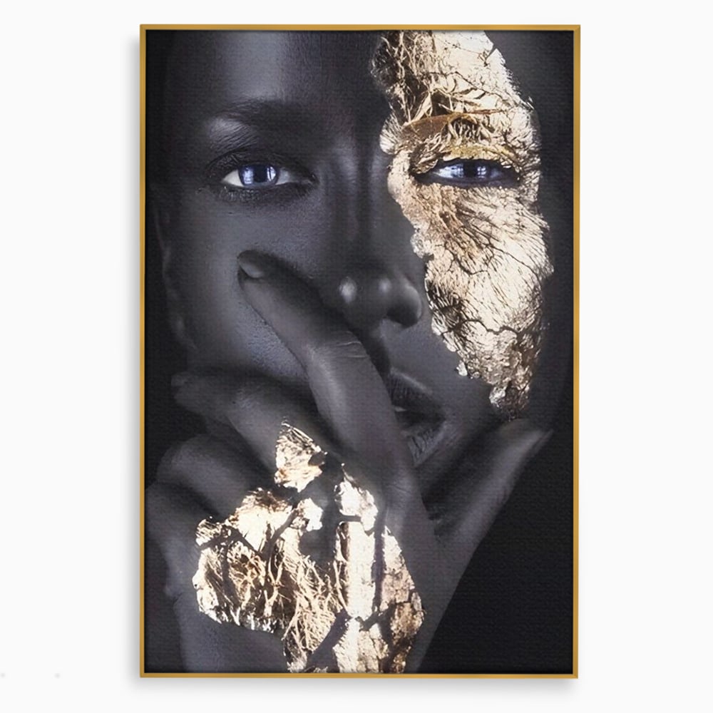Tablou canvas cu tablou canvas cu portret de femeie, in rama de aluminiu auriu