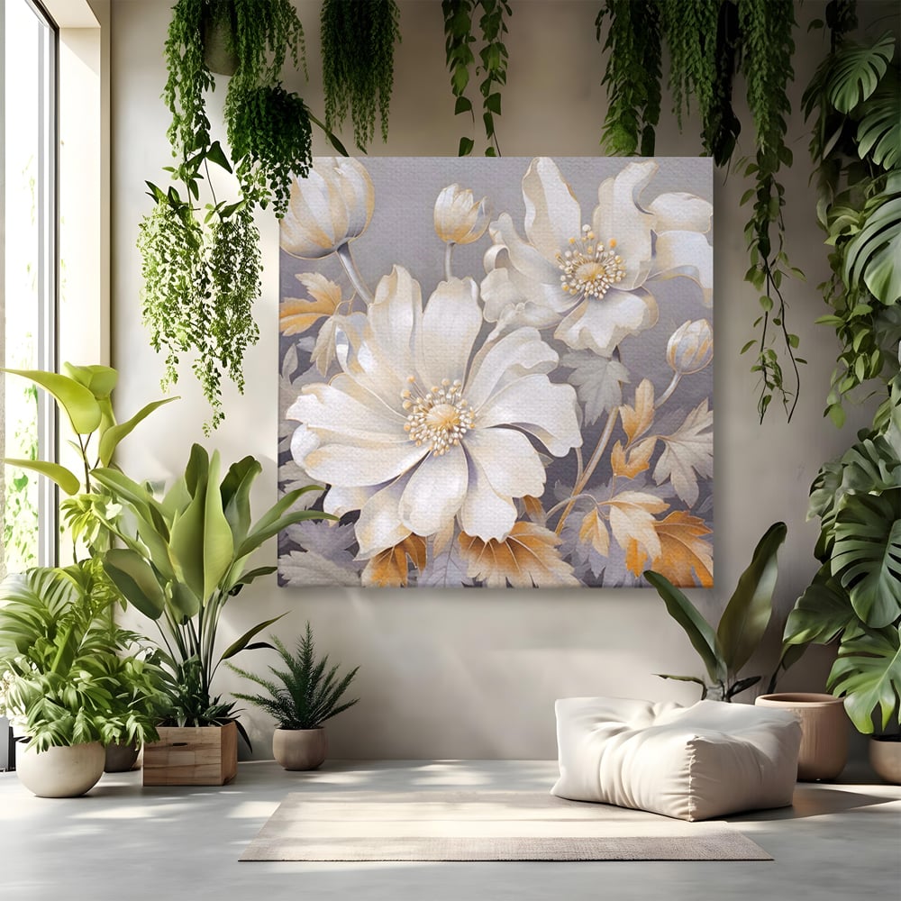 Tablou canvas cu tablou patrat cu flori albe, fara rama, pe sasiu de lemn