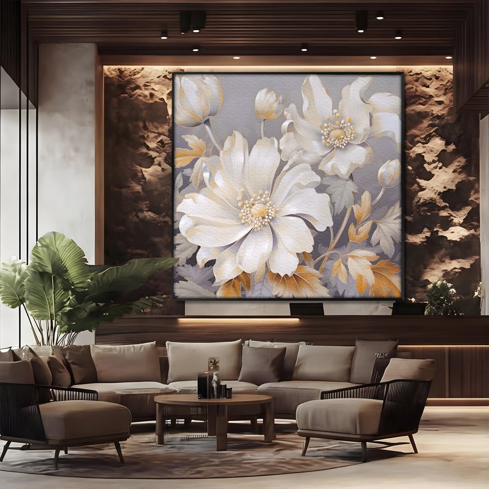 Tablou canvas cu tablou patrat cu flori albe, in rama de aluminiu negru, pe perete intr-un birou