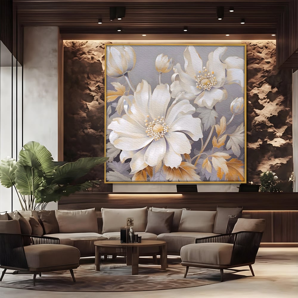 Tablou canvas cu tablou patrat cu flori albe, in rama de aluminiu auriu, pe perete intr-un birou