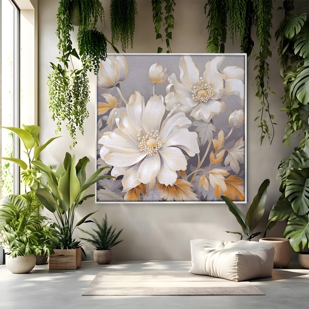 Tablou canvas cu tablou patrat cu flori albe, in rama de aluminiu argintiu