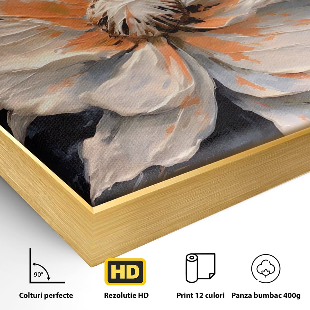 Detaliu al suprafetei: tablou canvas cu floare texturata, in rama de aluminiu auriu