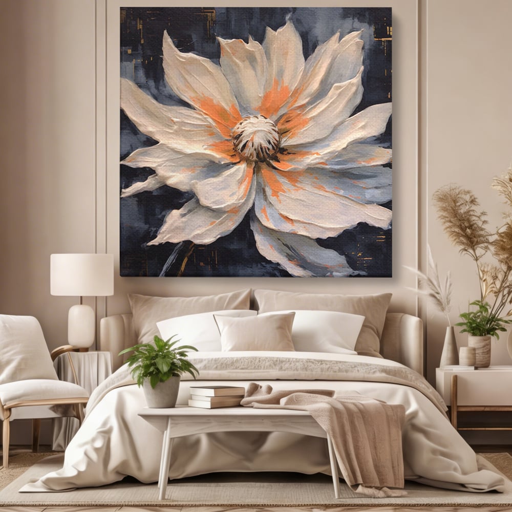 Tablou canvas cu tablou canvas cu floare texturata, fara rama, pe sasiu de lemn, pe perete intr-un dormitor