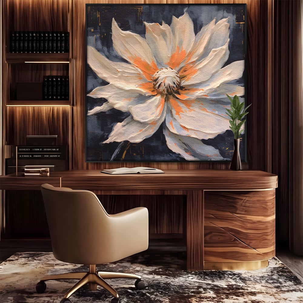 Tablou canvas cu tablou canvas cu floare texturata, in rama de aluminiu negru, pe perete intr-un birou