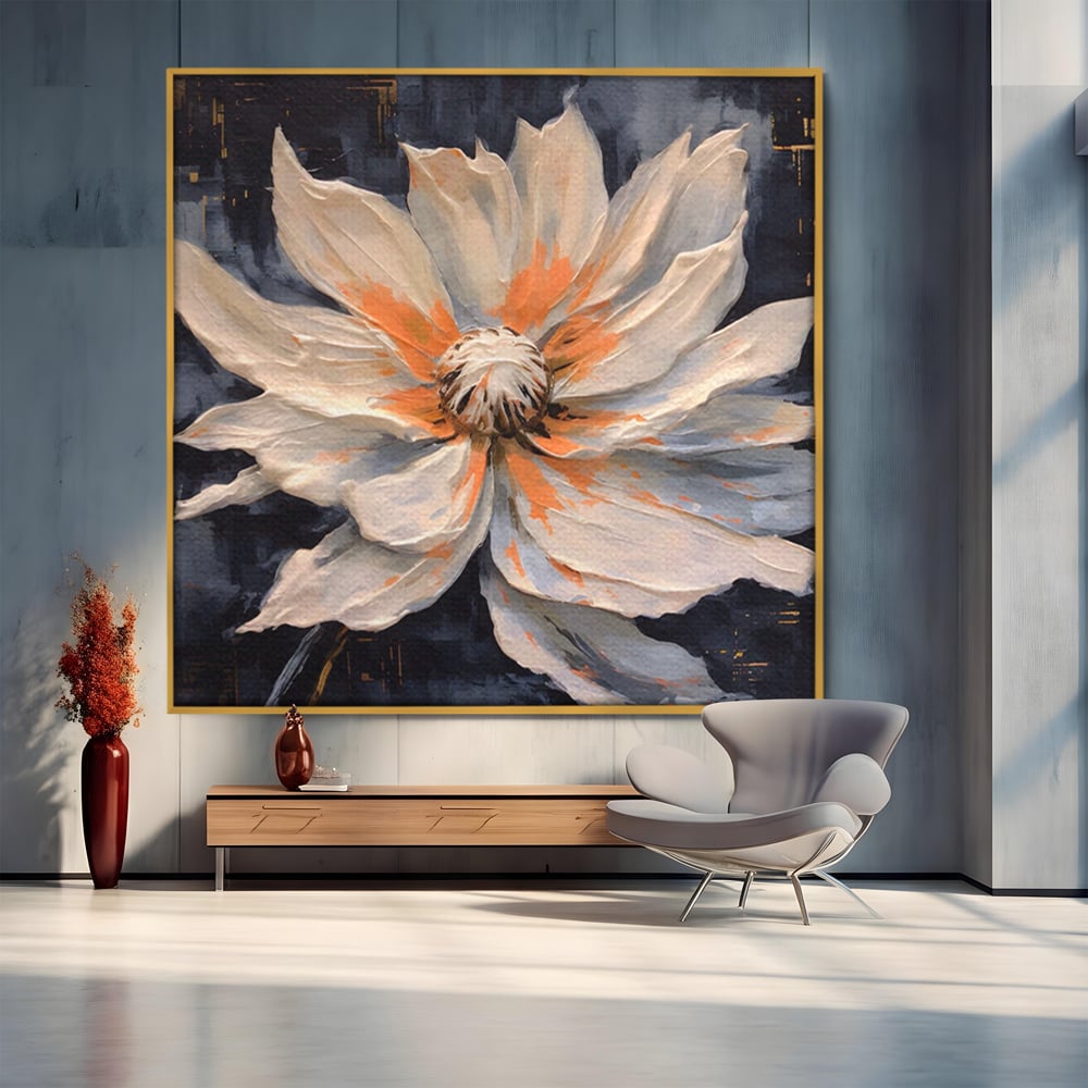 Tablou canvas cu tablou canvas cu floare texturata, in rama de aluminiu auriu