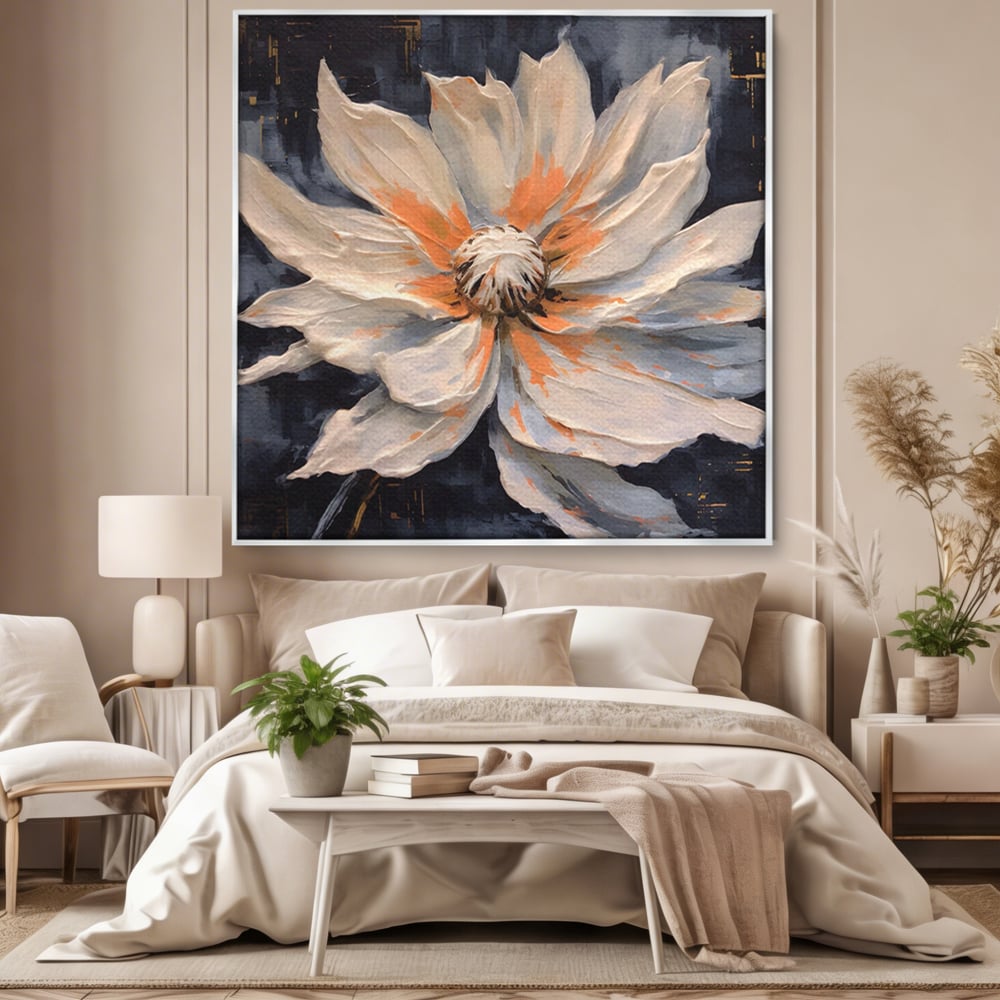 Tablou canvas cu tablou canvas cu floare texturata, in rama de aluminiu argintiu, pe perete intr-un dormitor