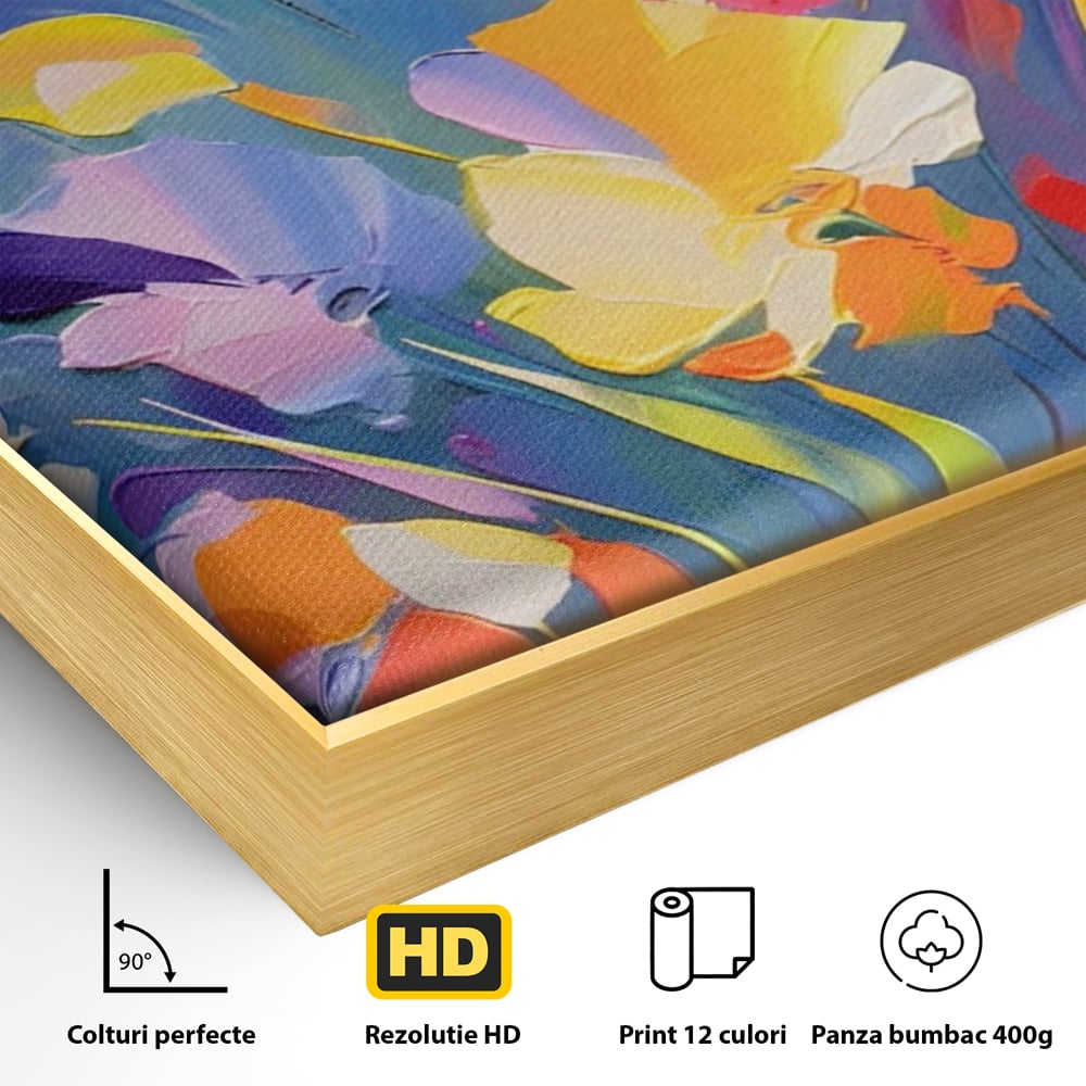 Detaliu al suprafetei: pictura verticala cu flori colorate, in rama de aluminiu auriu
