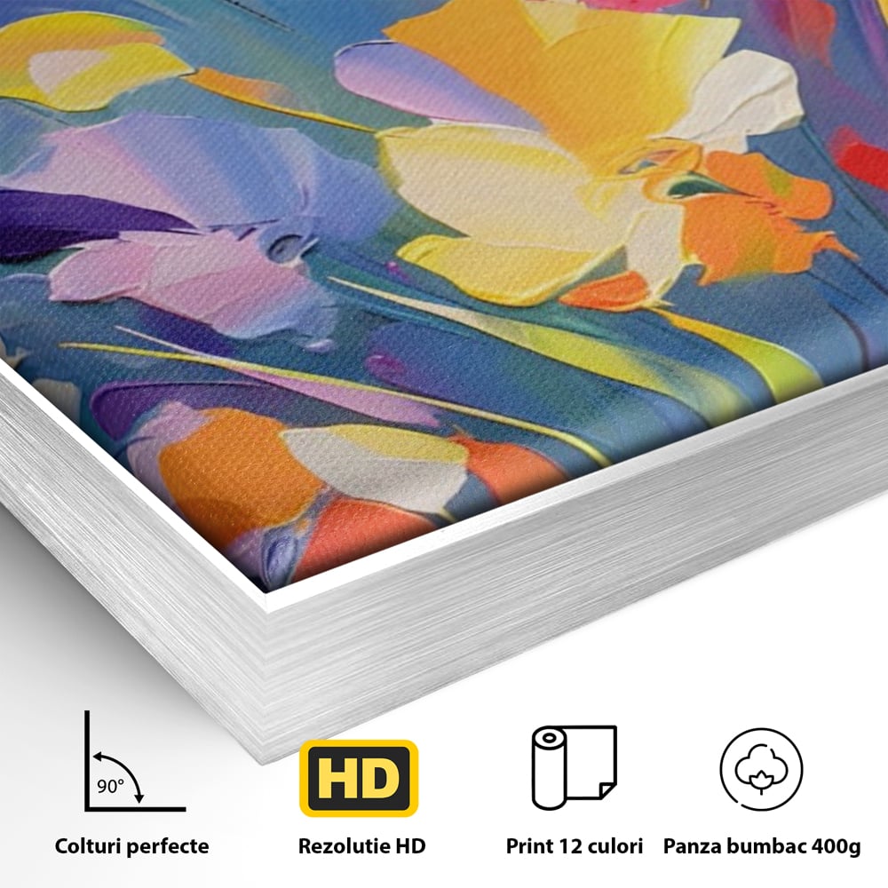 Detaliu al suprafetei: pictura verticala cu flori colorate, in rama de aluminiu argintiu