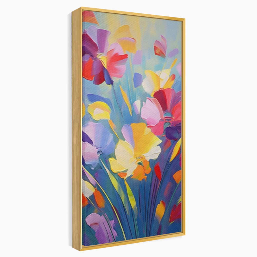 Tablou canvas cu pictura verticala cu flori colorate, in rama de aluminiu auriu