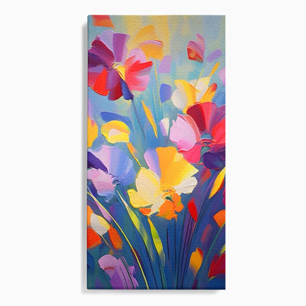 Tablou canvas cu pictura verticala cu flori colorate, fara rama, pe sasiu de lemn