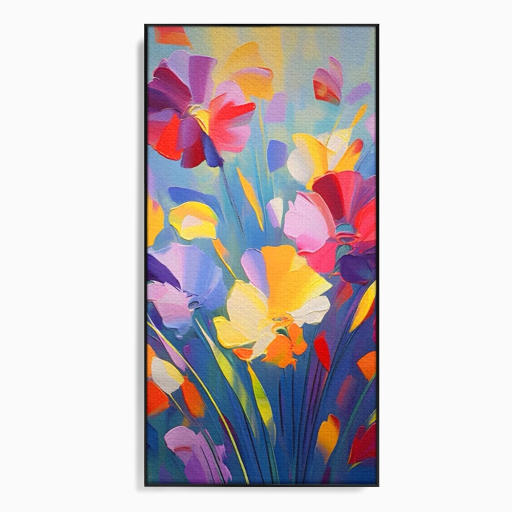 Tablou canvas cu pictura verticala cu flori colorate, in rama de aluminiu negru