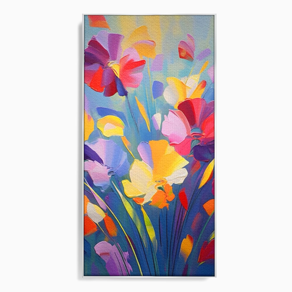 Tablou canvas cu pictura verticala cu flori colorate, in rama de aluminiu argintiu