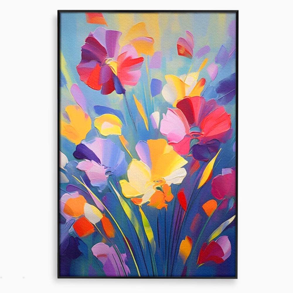 Tablou canvas cu pictura verticala cu flori colorate, in rama de aluminiu negru
