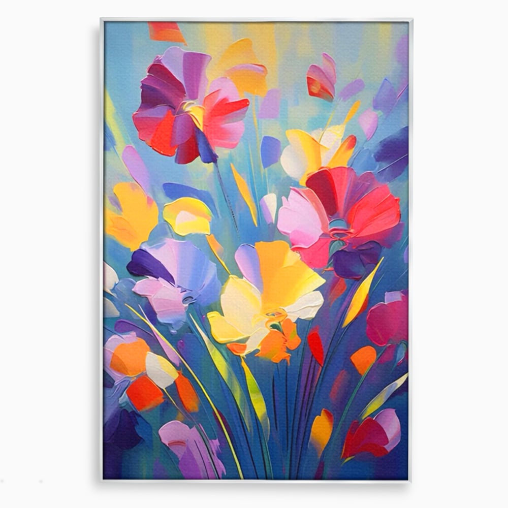 Tablou canvas cu pictura verticala cu flori colorate, in rama de aluminiu argintiu