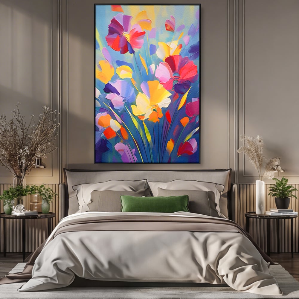 Tablou canvas cu pictura verticala cu flori colorate, in rama de aluminiu negru, pe perete intr-un dormitor