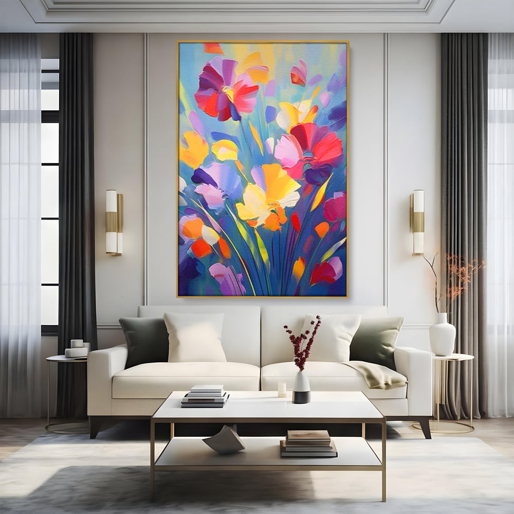 Tablou canvas cu pictura verticala cu flori colorate, in rama de aluminiu auriu, pe perete intr-un living