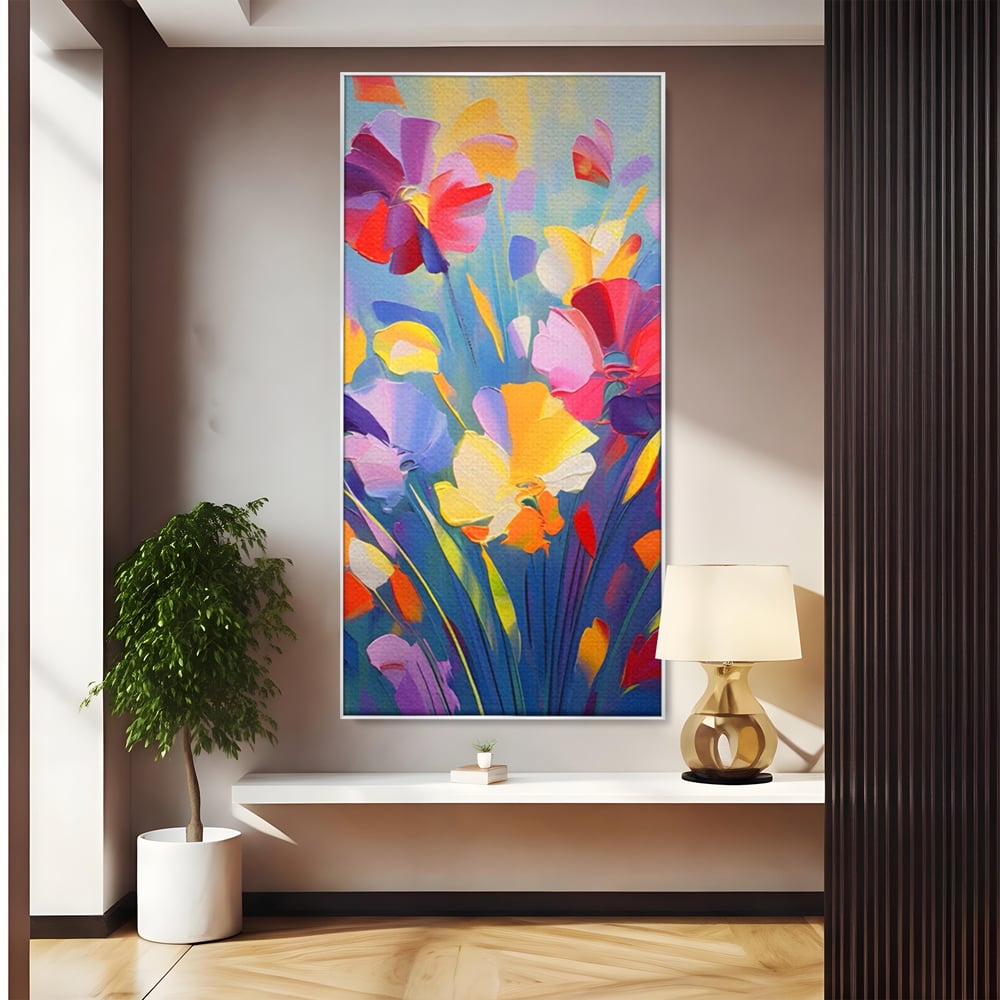 Tablou canvas cu pictura verticala cu flori colorate, in rama de aluminiu argintiu