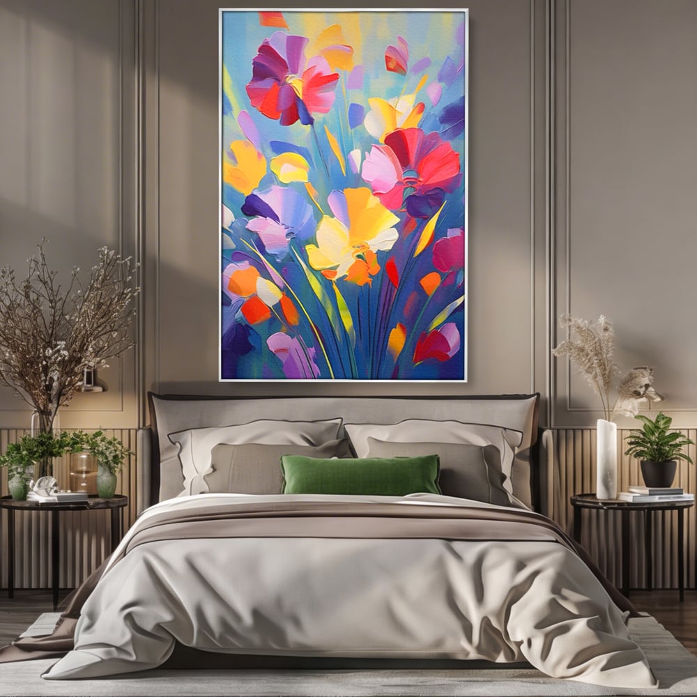 Tablou canvas cu pictura verticala cu flori colorate, in rama de aluminiu argintiu, pe perete intr-un dormitor