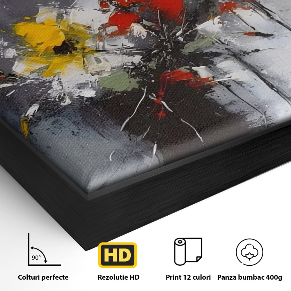 Detaliu al suprafetei: tablou pictat abstract cu flori, in rama de aluminiu negru