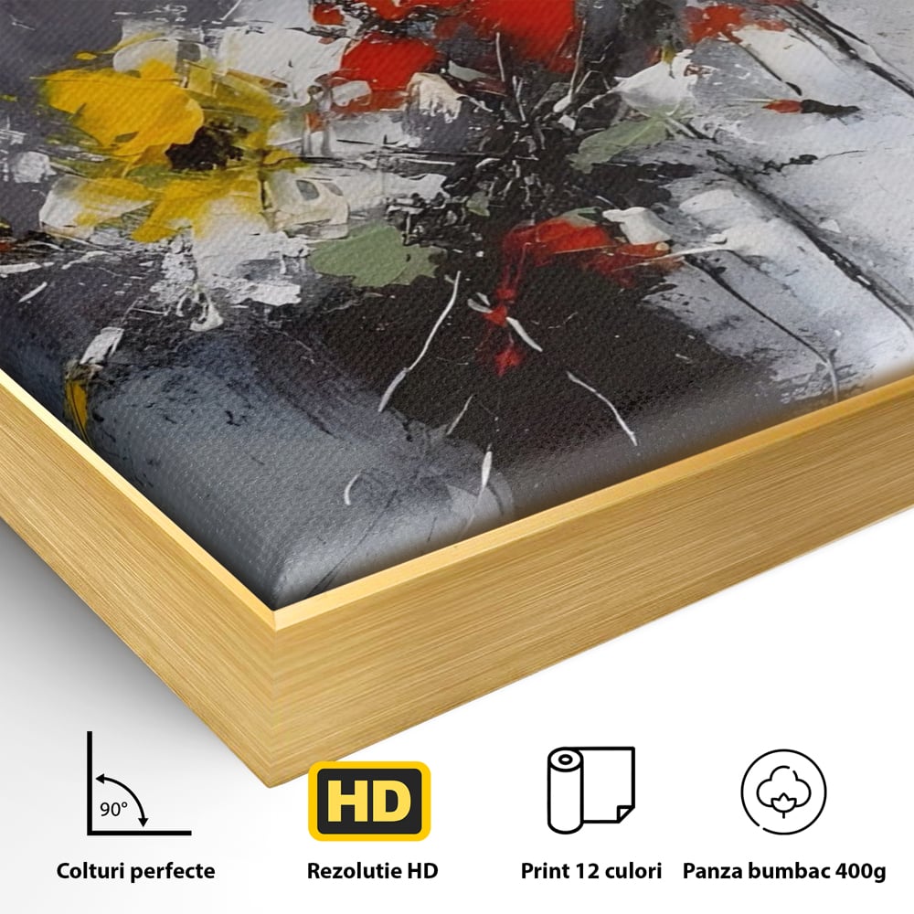 Detaliu al suprafetei: tablou pictat abstract cu flori, in rama de aluminiu auriu