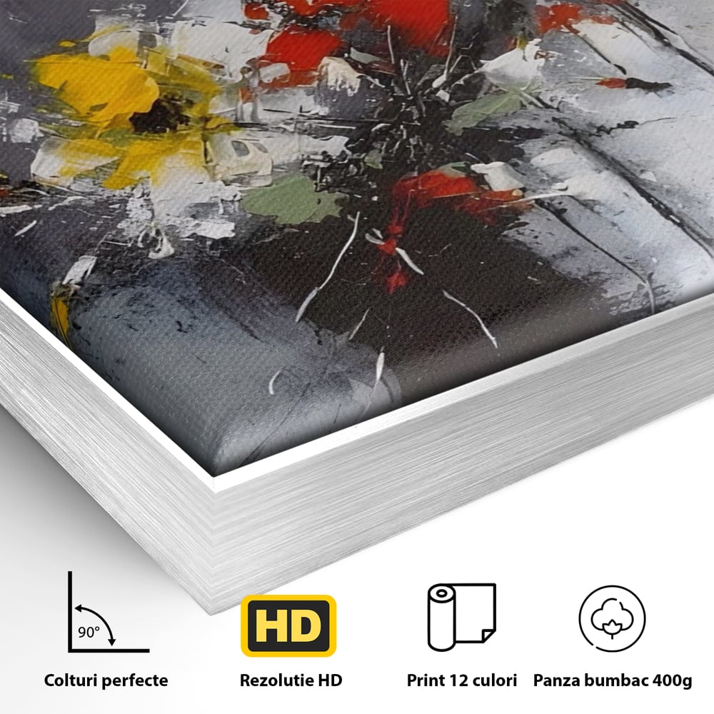 Detaliu al suprafetei: tablou pictat abstract cu flori, in rama de aluminiu argintiu