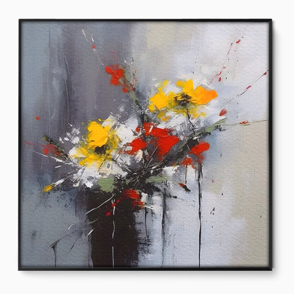 Tablou canvas cu tablou pictat abstract cu flori, in rama de aluminiu negru