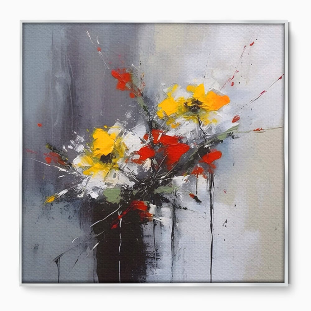 Tablou canvas cu tablou pictat abstract cu flori, in rama de aluminiu argintiu