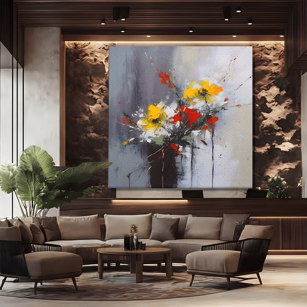 Tablou canvas cu tablou pictat abstract cu flori, fara rama, pe sasiu de lemn, pe perete intr-un birou
