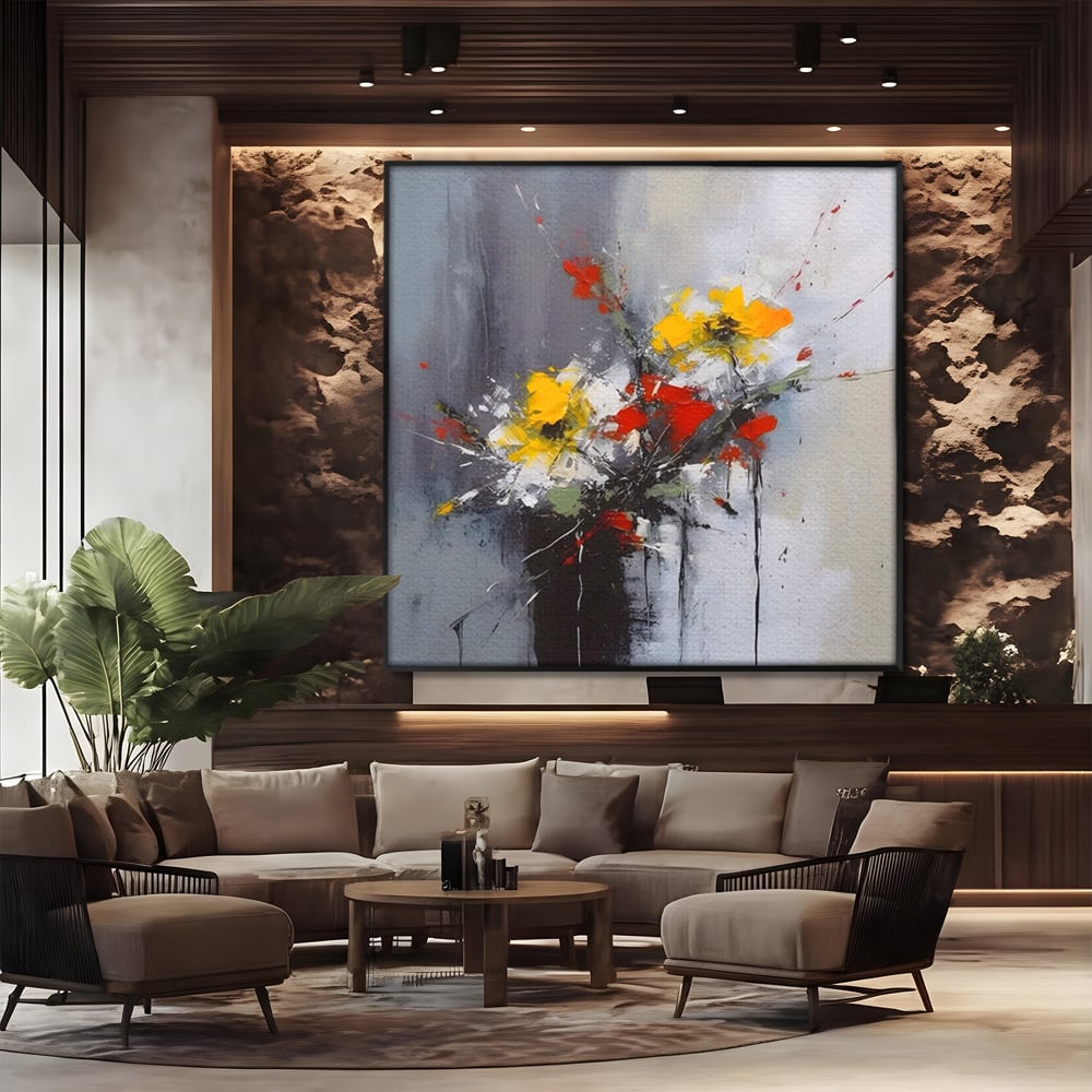 Tablou canvas cu tablou pictat abstract cu flori, in rama de aluminiu negru, pe perete intr-un birou