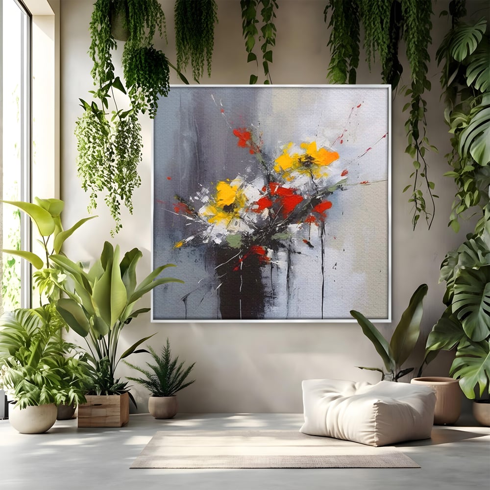 Tablou canvas cu tablou pictat abstract cu flori, in rama de aluminiu argintiu
