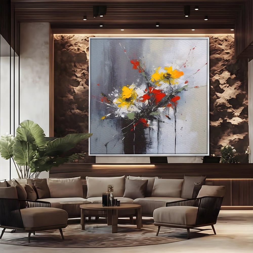 Tablou canvas cu tablou pictat abstract cu flori, in rama de aluminiu argintiu, pe perete intr-un birou