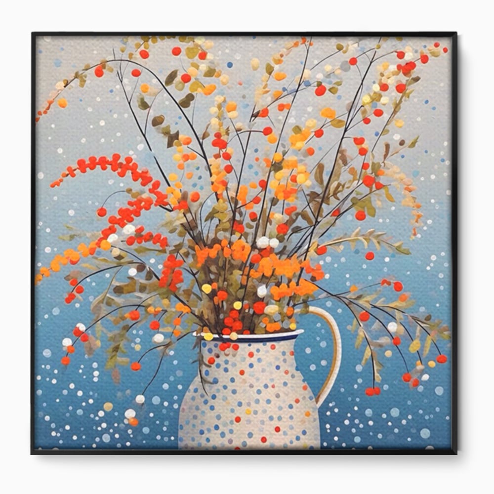 Tablou canvas cu pictura cu flori in vaza cu buline, in rama de aluminiu negru