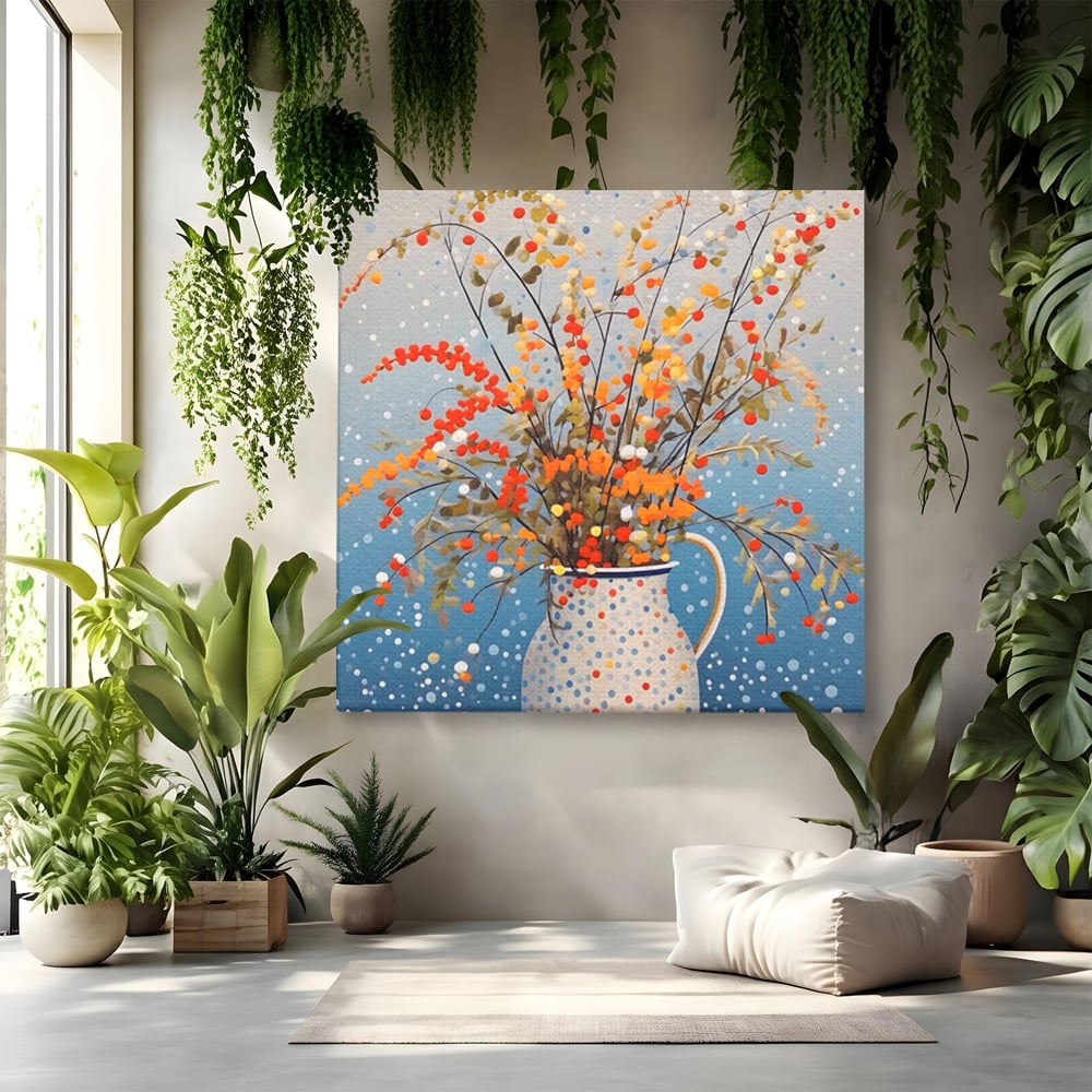 Tablou canvas cu pictura cu flori in vaza cu buline, fara rama, pe sasiu de lemn