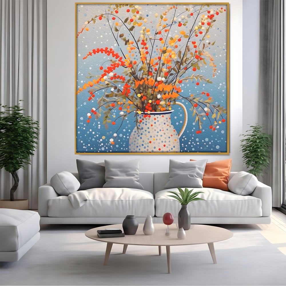Tablou canvas cu pictura cu flori in vaza cu buline, in rama de aluminiu auriu, pe perete intr-un living