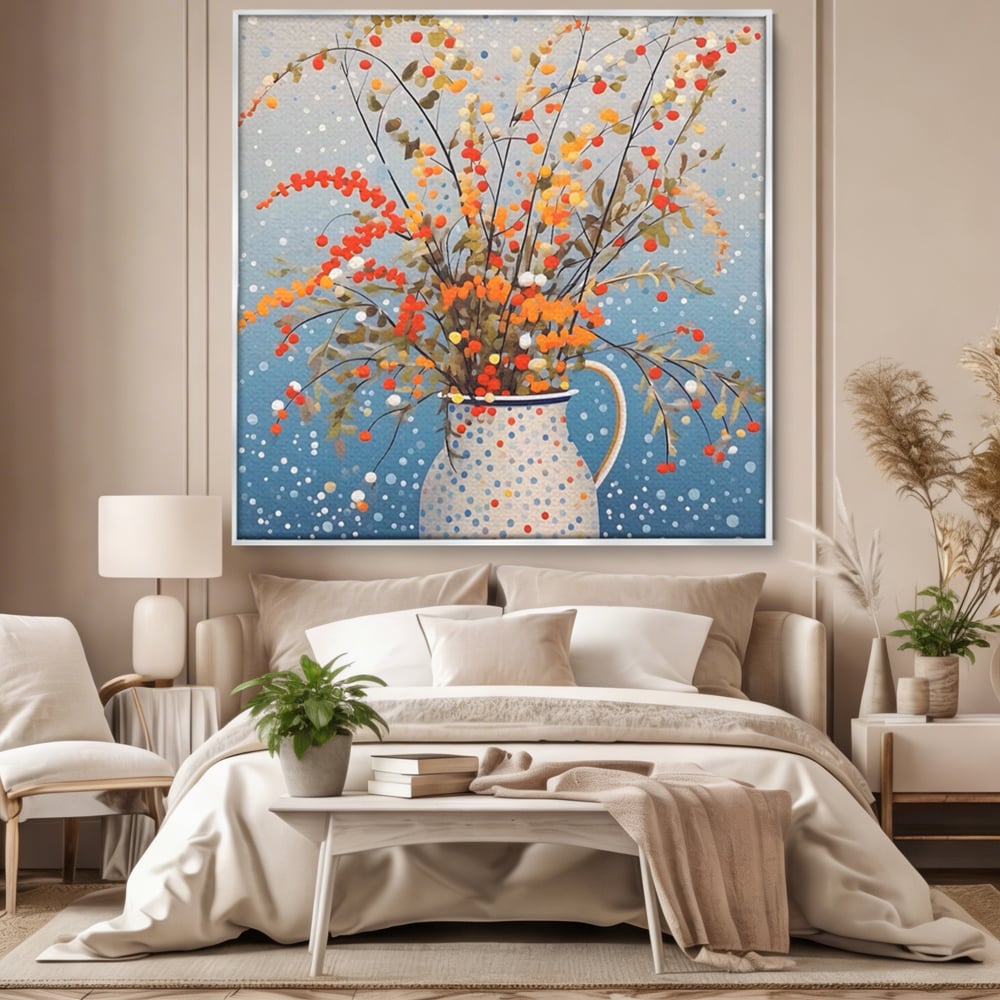 Tablou canvas cu pictura cu flori in vaza cu buline, in rama de aluminiu argintiu, pe perete intr-un dormitor