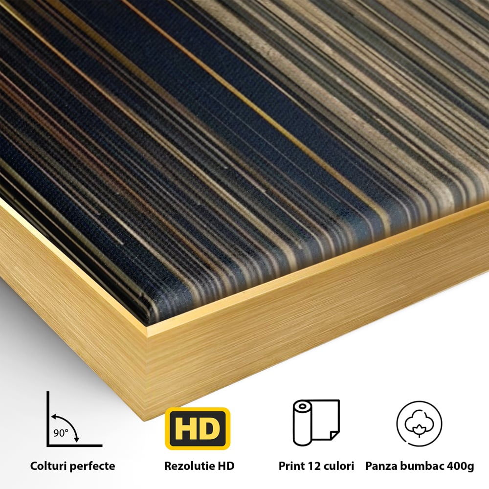 Detaliu al suprafetei: tablou abstract cu linii verticale aurii, in rama de aluminiu auriu