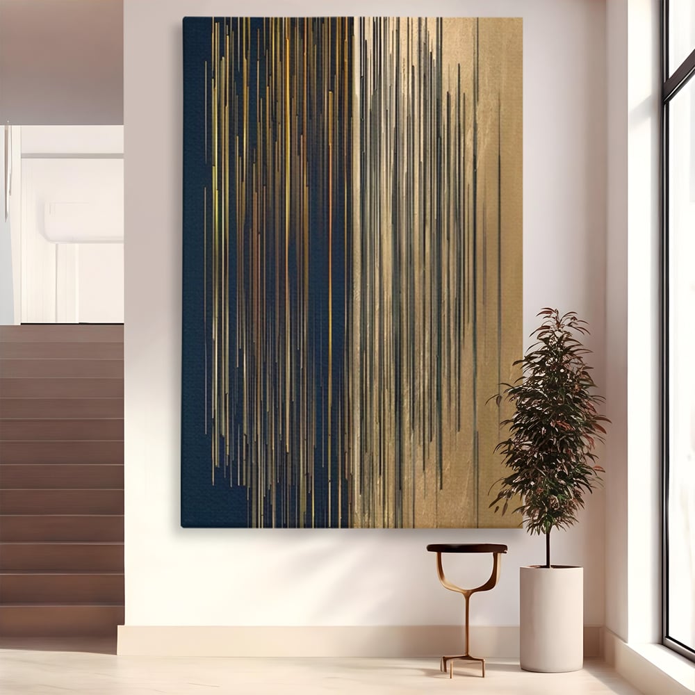 Tablou canvas cu tablou abstract cu linii verticale aurii, fara rama, pe sasiu de lemn